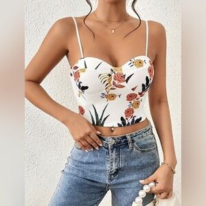 Boho Floral Print Spaghetti Strap Top, Elegant Backless Sleeveless Cami Top